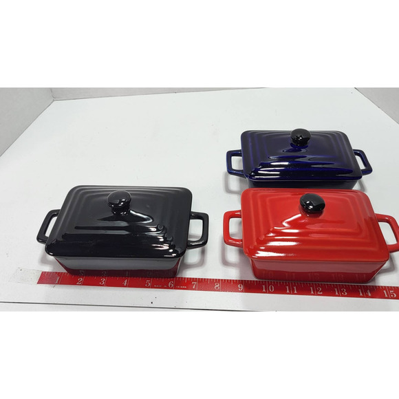 Mini Casserole Meatloaf Bread Loaf Bakeware w. Lid Red Black Navy Blue Set of 3 - Picture 8 of 9